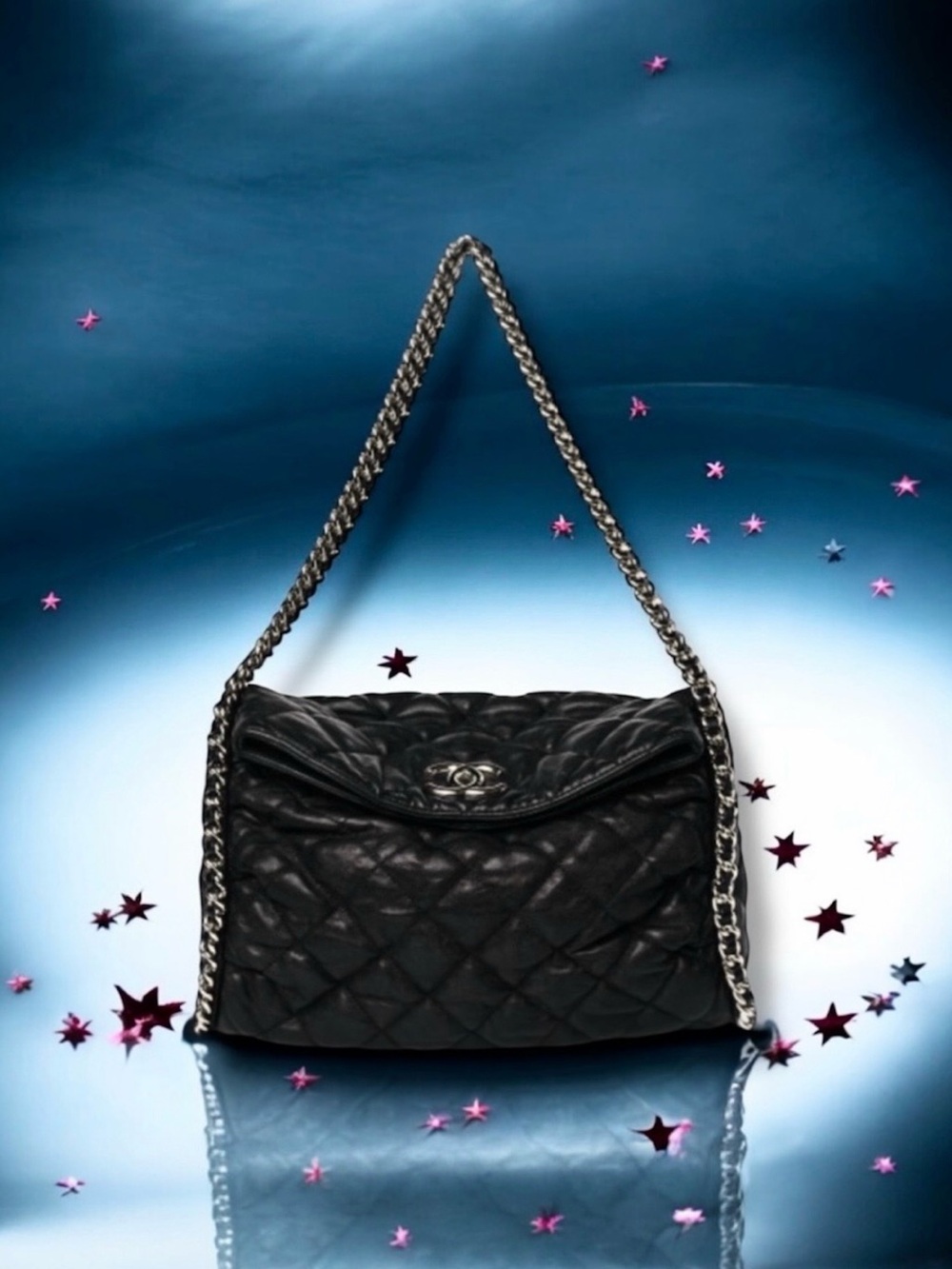 💞CHANEL BLACK Quilted Distressed / Washed Lambskin Double Chain Tote Silver HW